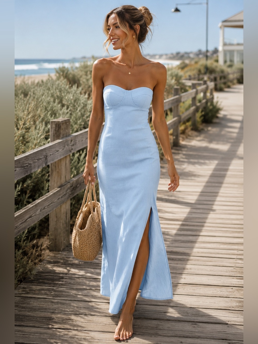 NWT PepperMayo Elsa Strapless Linen Blend Maxi Dress Sky Blue XXS/0